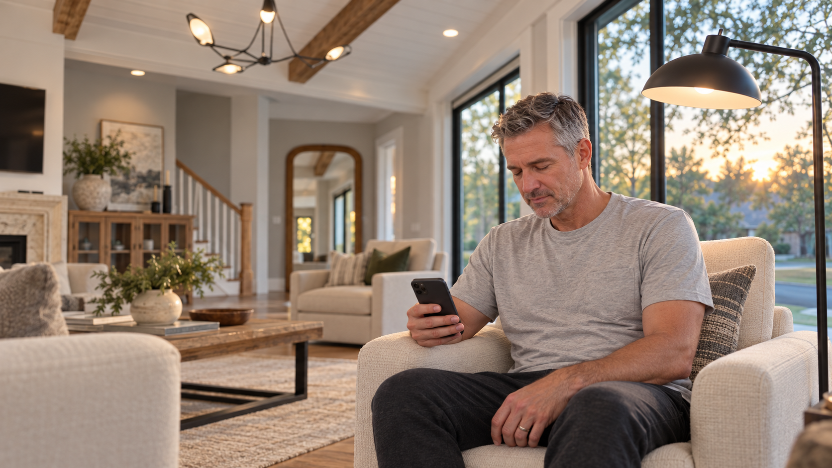 A man seated in a living-room chair at dusk, looking at the phone in his hands.
