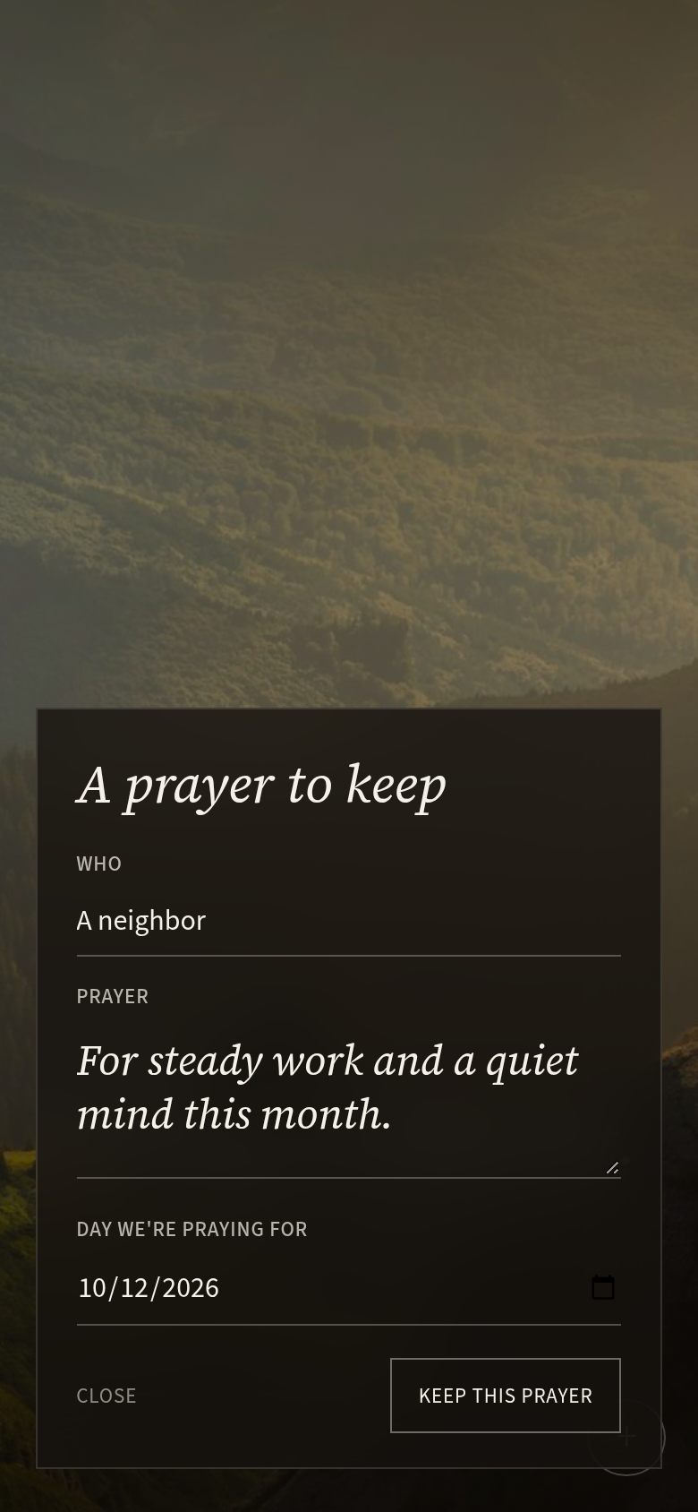Add-prayer screen with a sample request filled in.